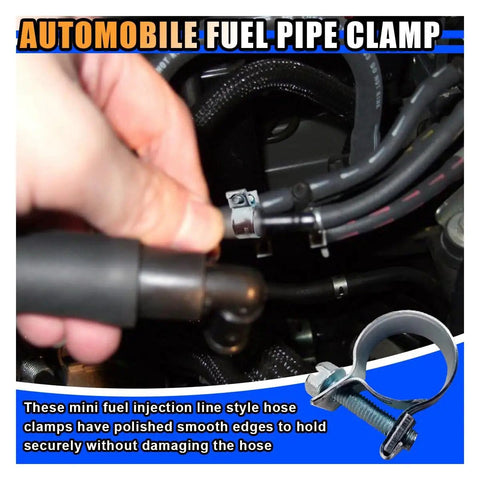 Heavy Duty Stainless Steel Fuel Injection Hose Clamps Set adjusting gas line clip in engine with close-up view