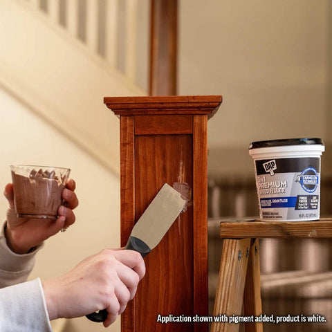 Applying Premium White Wood Filler 16 Oz 3 In 1 Stainable Grain Filler And Sealer Coat Pro Grade Knife Grade Acrylic Latex to wood banister