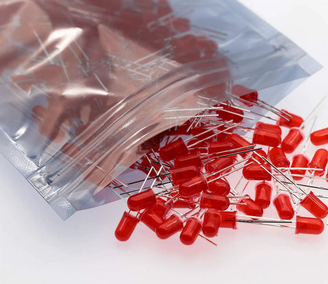 Hella Bright 5mm LED Diodes 100 Pack, diffused red bulbs spilling from a bag, ideal for circuits and DIY kits.