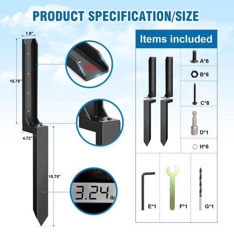 Heavy Duty Fence Post Repair Kit With Beefy Ground Stakes For Fixing Tilted Or Broken Wood Posts Includes Two 32 Inch Stakes Galvanized Screws And Small Wrench For Quick Long Lasting Fence Support shown with contents and specifications