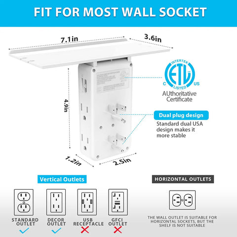 Diagram showing dimensions of Two Pack Wall Outlet Extender With Built In Shelf And Night Light 8 Ports Total 6 AC Outlets Plus 2 USB