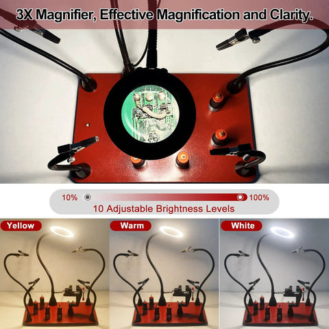 Pro Soldering Helping Hands Station With Magnetic Third Hand, 3X Magnifier Lamp, demonstrating adjustable light modes