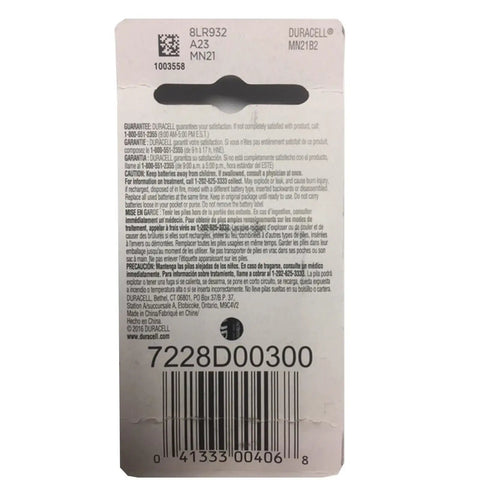 Hella Reliable 12V Alkaline Battery Pack For A23 Mn21 23Af 23Ae 2Pk packaging back with instructions and barcode, showcasing Duracell brand.