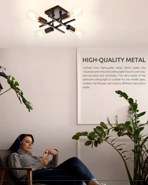 Installed Industrial Four Light Semi Flush Mount Ceiling Light Fixture in Farmhouse Oil Rubbed Bronze Finish