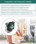 Easy Install Dishwasher Drain Pump Assembly DD8102635A Replacement 120V 60Hz 0.7A High Flow Pump Fits DW80N3030UB AA DW80N3030UW AA And DW80N3030 Models No Fuss Maintenance And Long Lasting Performance, dishwasher pump shown with compatibility list