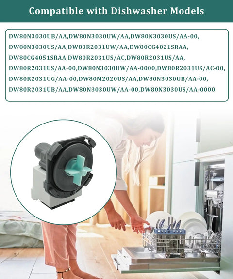 Easy Install Dishwasher Drain Pump Assembly DD8102635A Replacement 120V 60Hz 0.7A High Flow Pump Fits DW80N3030UB AA DW80N3030UW AA And DW80N3030 Models No Fuss Maintenance And Long Lasting Performance, dishwasher pump shown with compatibility list