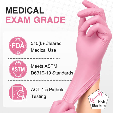Top Tier Medical Grade Nitrile Exam Gloves Powder And Latex Free Pink Disposable Gloves 100 Count High elasticity exam gloves.