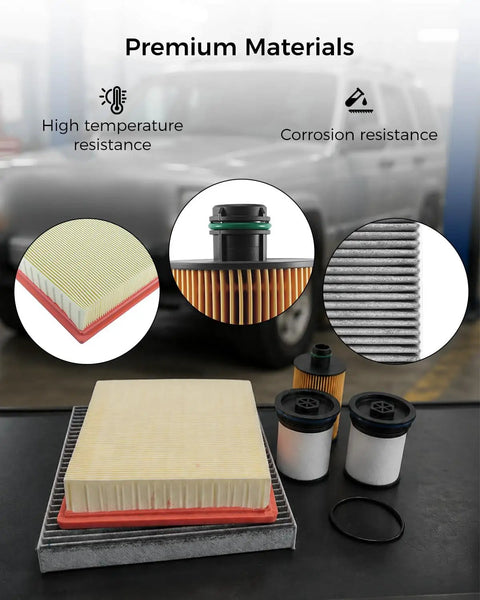 Premium Filter Kit For Jeep Grand Cherokee 3.0L Diesel 2014-2020 Includes Engine Air Oil And Cabin Filters shown on table.