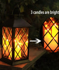 Flickering Lantern With 3 Flameless Candles, Waterproof PVC Garden Hanging Lights on patio table at night showing realistic dancing flame effect.