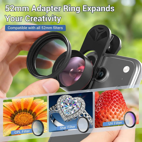 Macro Lens Kit For Smartphones With CPL Filter And HD Macro Lens Clip On Universal Phone Attachment For iPhone And Android Ultra Clear UHD Optics For Close Up Shots Snappy Quick Attach attached to smartphone showcasing 52mm filter compatibility.