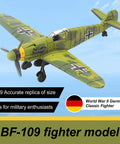 BF 109 Fighter Model Kit 1 To 49 Scale For Adult Collectors Gray Plastic Assembly Kit Snap Fit Display Model Of WWII German Aircraft For History Nerds And Plane Enthusiasts flying on clear sky background