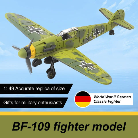 BF 109 Fighter Model Kit 1 To 49 Scale For Adult Collectors Gray Plastic Assembly Kit Snap Fit Display Model Of WWII German Aircraft For History Nerds And Plane Enthusiasts flying on clear sky background