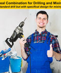 Person holding Beast Mode 10 Amp Corded Drill Mixer Kit with buckets, highlighting spade handle design for heavy duty mixing