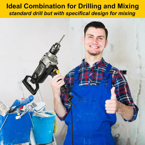 Person holding Beast Mode 10 Amp Corded Drill Mixer Kit with buckets, highlighting spade handle design for heavy duty mixing