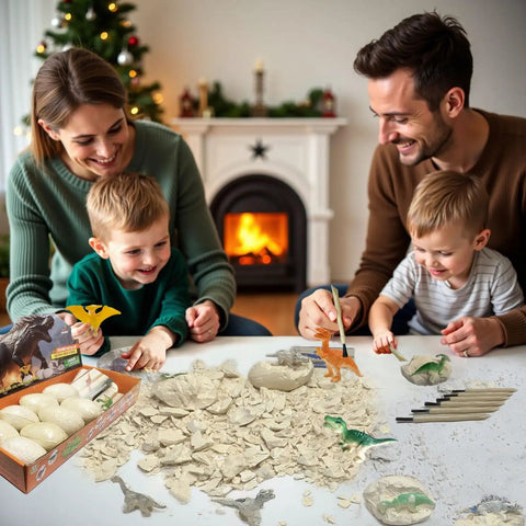 Family discovering fossils with Interactive Dinosaur Eggs Dig Kit Hands On With 12 Pieces Dino Excavation Bricks For Archaeology Science