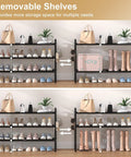 3 Tier Metal Shoe Rack Organizer 33 Inch Wide Built To Last Space Saving Shoe Storage With Four Side Hooks holding shoes