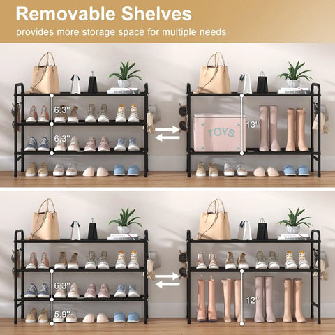 3 Tier Metal Shoe Rack Organizer 33 Inch Wide Built To Last Space Saving Shoe Storage With Four Side Hooks holding shoes