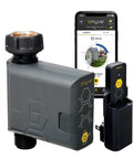 B-hyve Gen 2 Smart Hose Watering Timer With WiFi Hub, showing app control on smartphone, weatherproof and battery powered