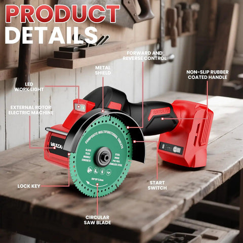 Cordless Cut Off Tool Built To Crush It With 18V Battery System, 18,000 RPM Brushless Motor, 4 Inch Cutting Blades, on workbench.