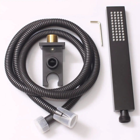 Square Solid Brass Oil Rubbed Black Handheld Shower Head With Wall Connector And Hose Set High Pressure Single Function One Half Inch Connector