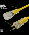 High gloss lighted ends on heavy duty one hundred foot contractor extension cord twelve three SJTW fifteen amp premium outdoor yellow