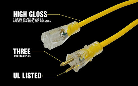 High gloss lighted ends on heavy duty one hundred foot contractor extension cord twelve three SJTW fifteen amp premium outdoor yellow