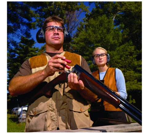 Two people wearing Leightning L3 Shooting Earmuffs Noise Reduction Ultra Lightweight Comfort With Super Soft Cushions at outdoor range