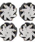 Front view: four 48mm steel Mecanum wheels with silver mounting plates and black rollers for RC robot cars