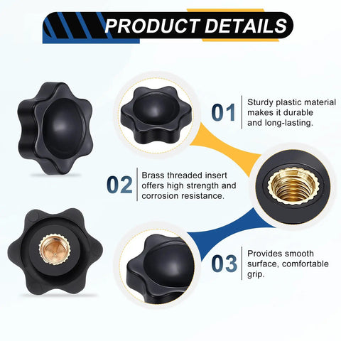 Product details of three pack one quarter inch star knobs with six point plastic heads, brass insert, showing durability and grip