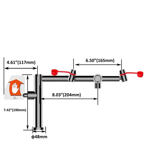 Diagram of deck mounted emergency eyewash faucet with swivel spout, left hand mounting, dual function for quick eye wash access.