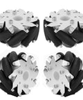 Mecanum wheel set, 4pcs, 100mm, aluminum frame with rubber rollers; front and side views