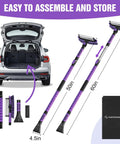 5 In 1 Ice Scraper And Extendable Snow Brush For Car Windshield With 47 Inch Reach, shown alongside carry bag and car trunk.