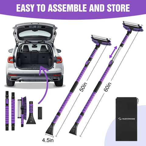 5 In 1 Ice Scraper And Extendable Snow Brush For Car Windshield With 47 Inch Reach, shown alongside carry bag and car trunk.