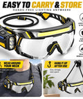 Kickass Rechargeable LED Safety Glasses With Hands Free Work Goggles Delivering Four Flexible Light Modes bright main bar and side beacons.