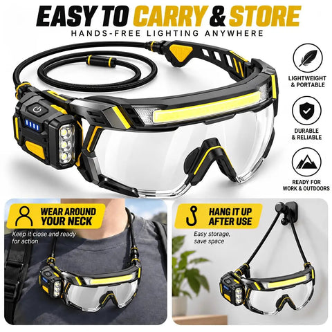 Kickass Rechargeable LED Safety Glasses With Hands Free Work Goggles Delivering Four Flexible Light Modes bright main bar and side beacons.