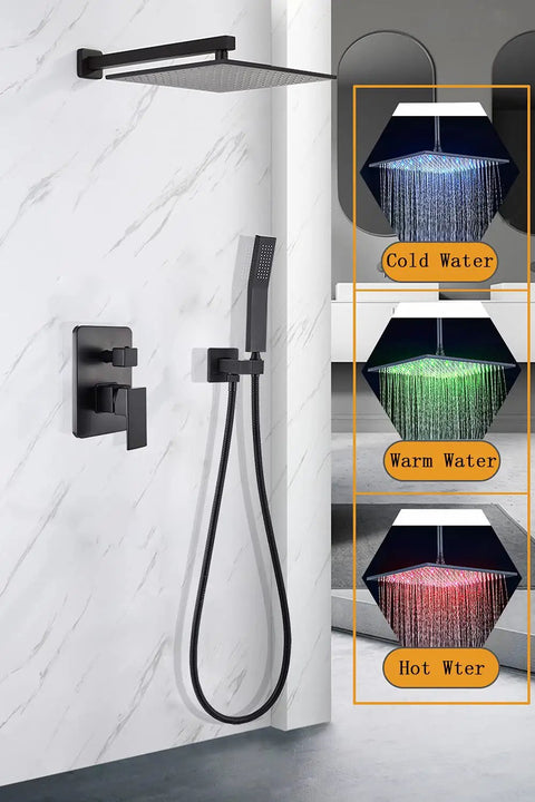 LED Shower System With 16 Inch Rain Shower Head And Handheld, Wall Mounted, showcasing temperature activated LED color display.