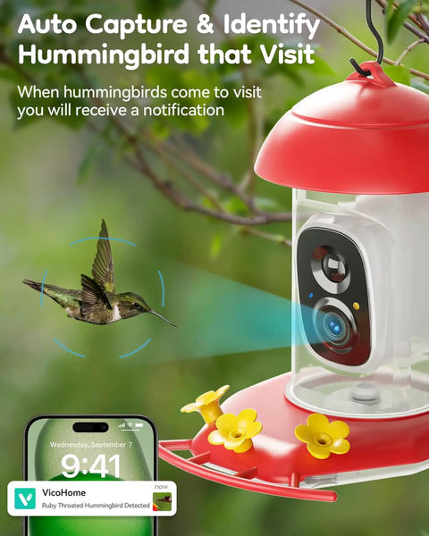 Hummingbird Feeder With Camera For Outdoors Solar Powered 2K Live Video AI Bird ID Ant Guard Base Bee Proof With 3 Feeding Ports Smart Bird Watching Gift