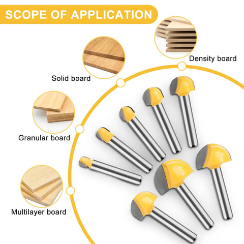 Kickass Eight Piece Solid Carbide Router Bit Set With 1/4 Inch Shank for smooth cuts on solid, granular, and multilayer boards.