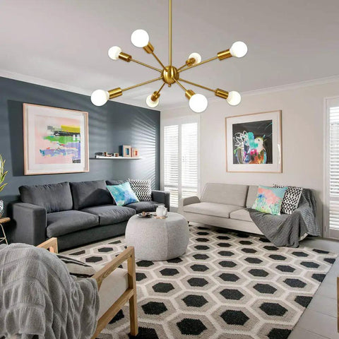 8 Light Sputnik Chandelier In Brushed Brass Pendant Lighting For Mid Century Modern Gold Starburst Ceiling Fixture