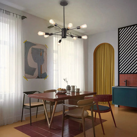 8 Light Dope Modern Industrial Ceiling Chandelier With Adjustable Height Black Finish in a dining room setting