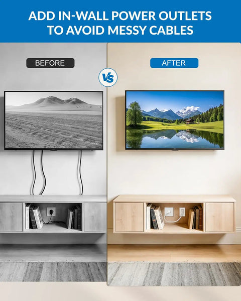 Before and after of wall-mounted TV with cords visible vs. hidden using In Wall Cable Management Kit With Recessed Outlet Box And Dual Outlet Extender For Wall Mounted TV 9.8 Ft Extension Cord Easy Install No Fuss Drywall Saw UL Listed TR Safe Outlet Relocation Kit