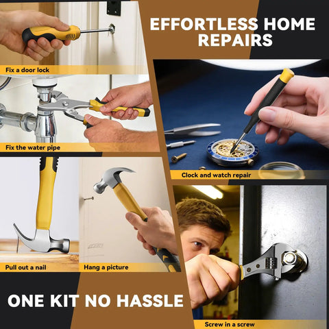 Ultimate 199 Piece Home And Auto Tool Kit Set for DIYers showing various tools in use for home repairs