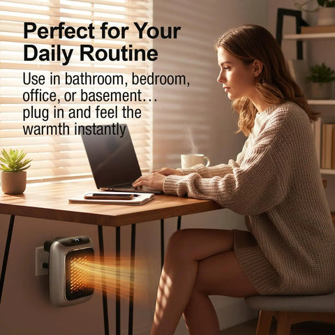 Compact Plug In Wall Outlet Space Heater Drops Kickin Turbo Heat For Spaces Up To Two Hundred Fifty Sq Ft in use at home office.