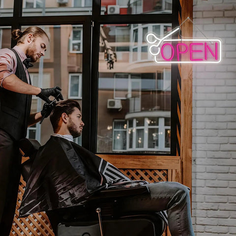 Pink Hair Salon Neon Light Open Sign LED Barbershop Sign USB Powered Colorful Light Up For Beauty Room Salon Store Cafe Club Hotel, Great For Attracting Customers And Boosting Turnover In Busy Venues visible in salon window