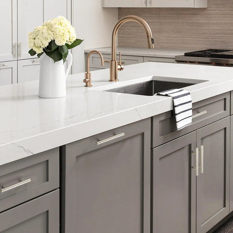 Kitchen cabinets with Six Pack 5 Inch Cabinet Pulls With 3 Inch Hole Centers Stainless Steel Drawer Handles in brushed nickel finish