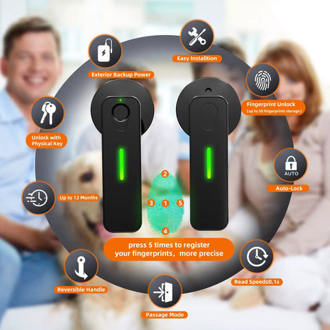 Fingerprint Door Lock With Lever Handle And Keyless Entry For Smart Bedroom Security, showing features like auto-lock and reversible handle.