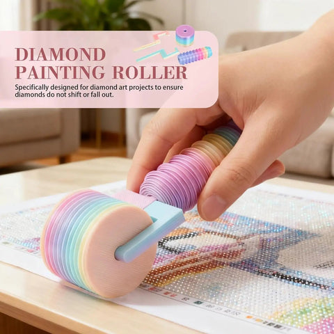 Detachable Roller Tool With Ergonomic Grip For Painting Projects No Sweat Smooth Operator Rolling Accessory Effortless Cleanup. Multi-colored roller in use for diamond painting on canvas.