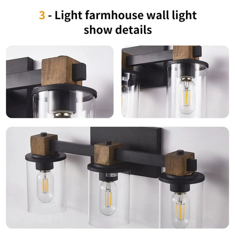3 Light Rustic Wood Vanity Light With Clear Glass Shades Modern Black Farmhouse Bathroom Over Mirror Fixture Industrial Chic Wall Mount