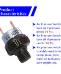 Close-up of 70-100 PSI Air Pressure Switch 1/4 Inch NPT Thread for DC 12V/24V or AC 110V-240V, showing product specifications