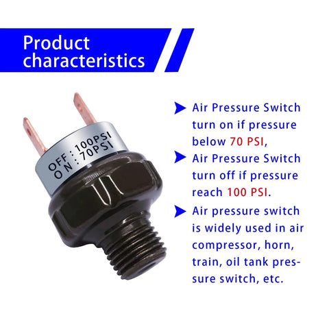 Close-up of 70-100 PSI Air Pressure Switch 1/4 Inch NPT Thread for DC 12V/24V or AC 110V-240V, showing product specifications